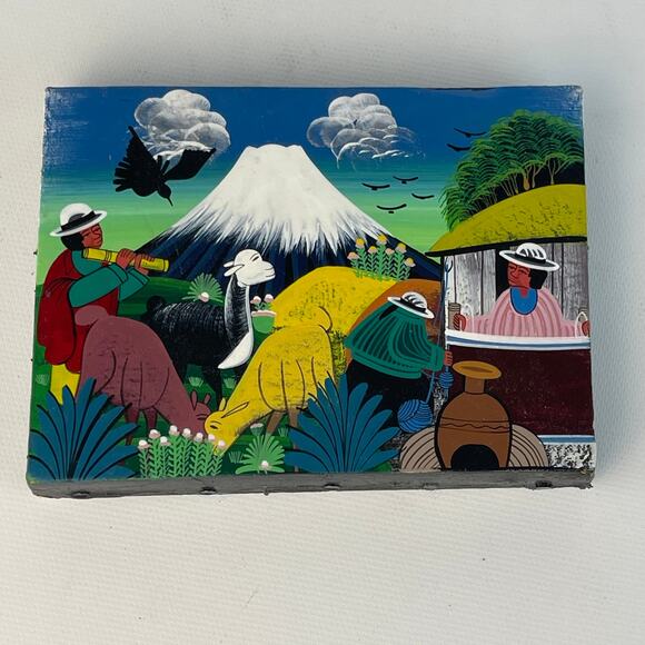 Ecuador Mini Animal Hide Painting Folk Art Volcano Animals People 4 1/2 x 3 3/8 - Picture 1 of 6